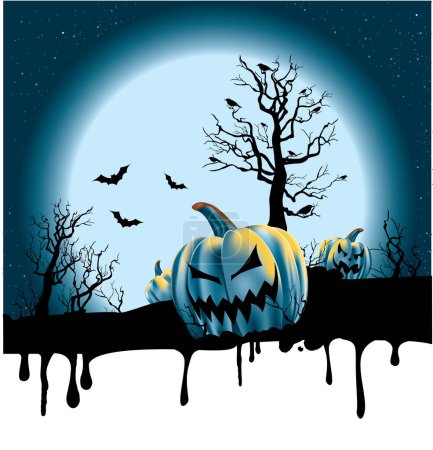 Téléchargez les illustrations : Fond d'Halloween de citrouille, lune et chauves-souris - en licence libre de droit
