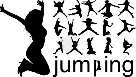 Téléchargez les illustrations : Silhouettes de jeunes femmes sautant sur fond blanc. illustration vectorielle - en licence libre de droit