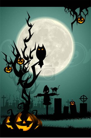 Téléchargez les illustrations : Citrouille d'Halloween dans le cimetière avec pleine lune, illustration - en licence libre de droit