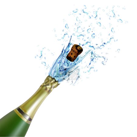 Ilustración de Botella de champán con salpicadura sobre fondo blanco - Imagen libre de derechos