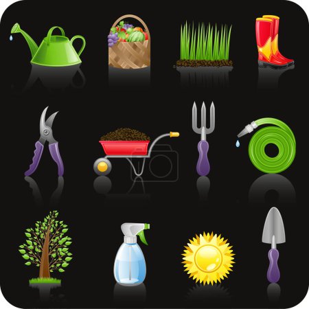 Téléchargez les illustrations : Ensemble de divers outils de jardin sur fond noir - en licence libre de droit