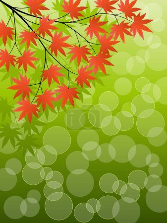 Ilustración de Hojas rojas de otoño sobre fondo verde con círculos - Imagen libre de derechos