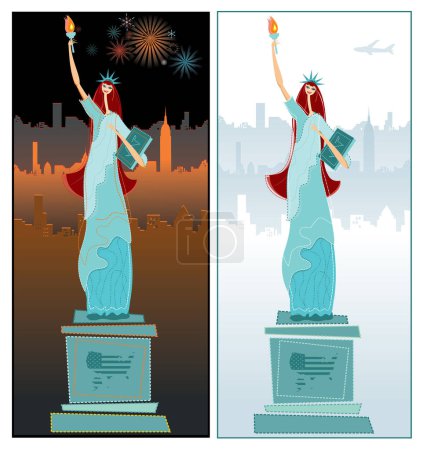 Ilustración de Tarjeta del día de la independencia de EE.UU. con la estatua de la ilustración vector libertad - Imagen libre de derechos