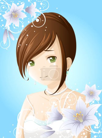 Illustration for Illustration of young girl with floral ornament on blue background - Royalty Free Image