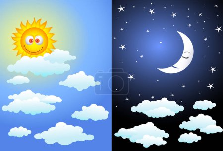 Ilustración de Cielo con luna y sol, nubes y estrellas - Imagen libre de derechos