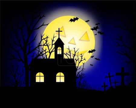 Illustration for Halloween background with pumpkin, moon and cross. - Royalty Free Image