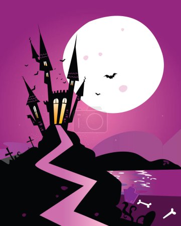 Illustration for Halloween castle with bats and castle scene vector illustration - Royalty Free Image