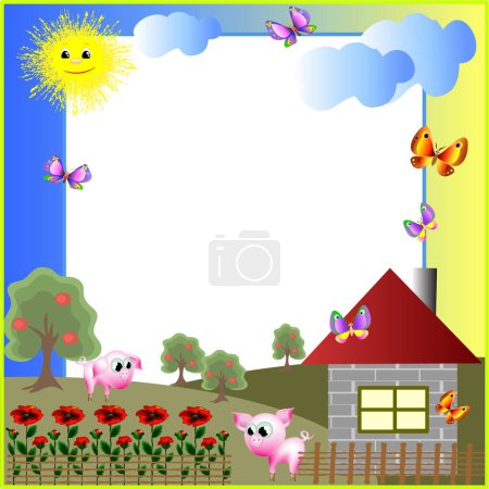 Téléchargez les illustrations : Illustration d'un beau paysage estival avec une maison et un petit oiseau - en licence libre de droit