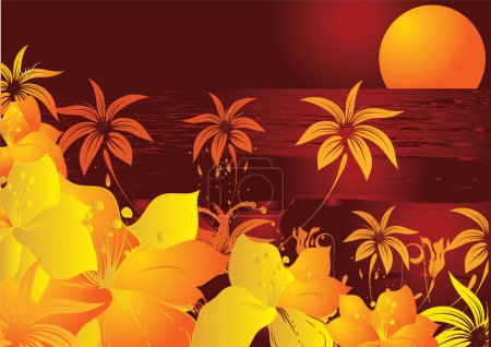 Illustration for Tropical background with palm trees and sun. summer landscape. vector illustration - Royalty Free Image