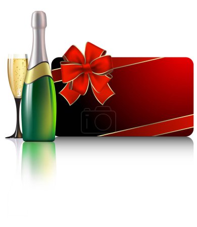 Téléchargez les illustrations : Coffret cadeau avec champagne, ruban rouge et arc - en licence libre de droit