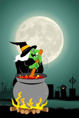 Téléchargez les illustrations : Nuit d'Halloween avec une sorcière sur un balai, illustration vectorielle - en licence libre de droit