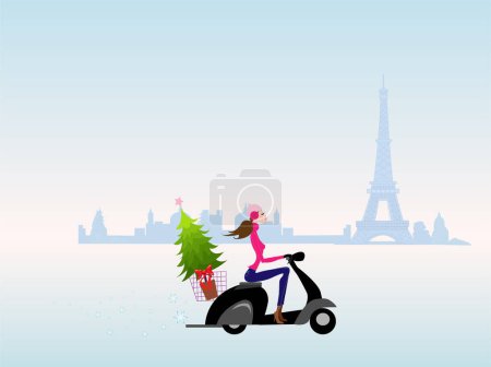 Ilustración de Mujer joven con una moto en la ciudad - Imagen libre de derechos