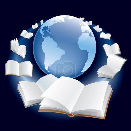 Téléchargez les illustrations : Livres ouverts dans le monde entier - en licence libre de droit