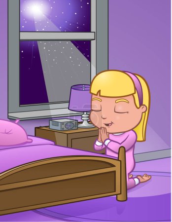 Téléchargez les illustrations : Petite fille dans chambre à coucher priant - en licence libre de droit