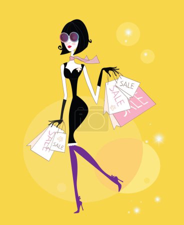 Téléchargez les illustrations : Belle fille sur une journée shopping avec beaucoup de sacs à provisions - en licence libre de droit