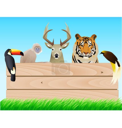 Téléchargez les illustrations : Illustration d'un fond en bois avec des animaux sauvages et des oiseaux - en licence libre de droit