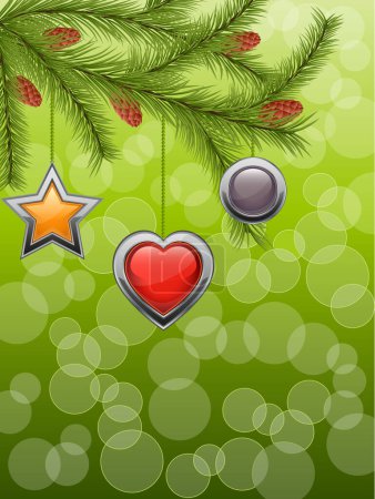 Téléchargez les illustrations : Carte de Noël. branches de sapin avec boules et cônes de pin - en licence libre de droit