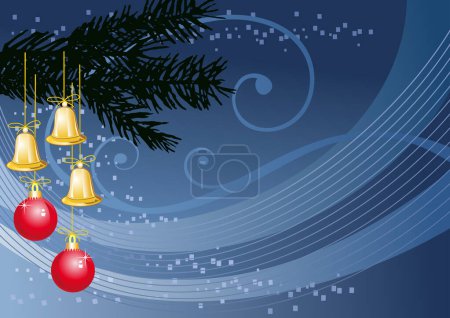 Téléchargez les illustrations : Carte de Noël avec boules et branche de sapin. - en licence libre de droit