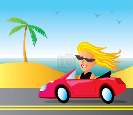 Téléchargez les illustrations : Femme conduisant une voiture à la plage - en licence libre de droit