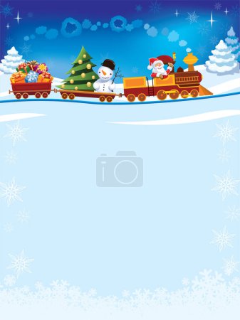 Illustration for Merry christmas and happy new year greeting card with santa claus and snowman on winter forest background - Royalty Free Image