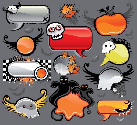 Ilustración de Vector conjunto de pegatinas de halloween e iconos con monstruos. - Imagen libre de derechos
