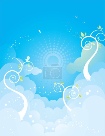 Illustration for Blue sky background with white clouds and sun. - Royalty Free Image