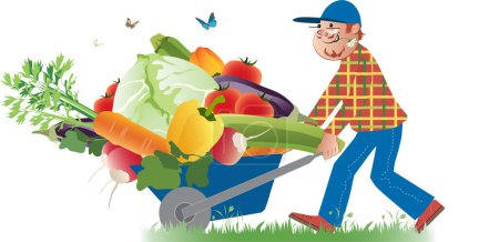 Téléchargez les illustrations : Agriculteur avec légumes sur brouette - en licence libre de droit
