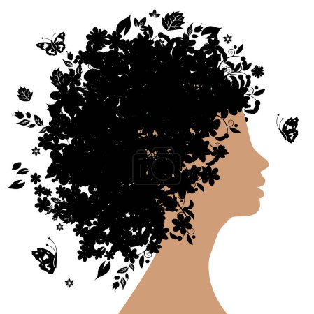 Téléchargez les illustrations : Silhouette de femme avec des fleurs sur la tête - en licence libre de droit