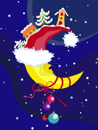 Illustration for Christmas greeting card with crescent in santa hat - Royalty Free Image