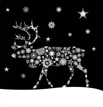 Téléchargez les illustrations : Silhouette de rennes, étoiles et flocons de neige sur fond blanc - en licence libre de droit