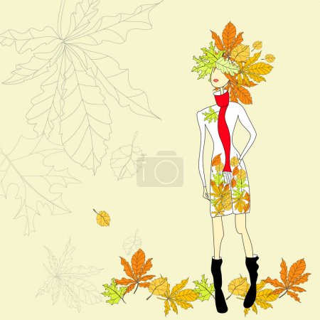 Ilustración de Chica con hojas de otoño - Imagen libre de derechos