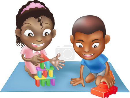 Ilustración de Africano americano chico y chica jugando con juguetes - Imagen libre de derechos