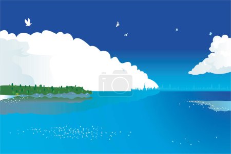 Téléchargez les illustrations : Illustration vectorielle d'un beau lac avec des oiseaux volant - en licence libre de droit