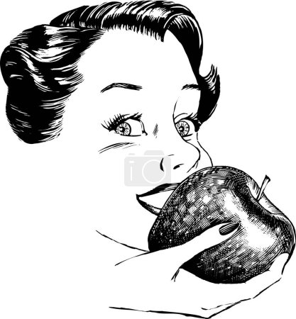 Téléchargez les illustrations : Illustration dessinée à la main d'une femme mangeant une pomme - en licence libre de droit