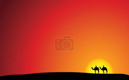 Téléchargez les illustrations : Silhouette de chameaux dans le désert au coucher du soleil - en licence libre de droit