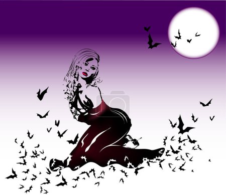 Téléchargez les illustrations : Belle fille avec des chauves-souris dans la lune, illustration vectorielle - en licence libre de droit