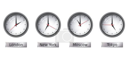 Ilustración de Conjunto de reloj con el tiempo en diferentes ciudades - Imagen libre de derechos