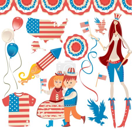 Ilustración de EE.UU. celebración plana nacional símbolos establecidos para el día de la independencia aislado sobre fondo blanco - Imagen libre de derechos