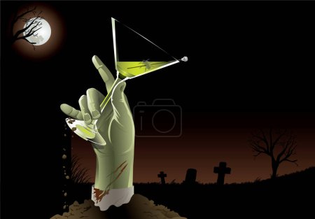 Téléchargez les illustrations : Les morts-vivants se réveillent avec une soif de... martinis ?, illustration vectorielle moderne - en licence libre de droit
