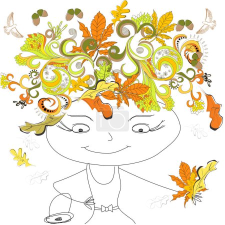 Illustration for Cute girl with autumn leaves and flowers - Royalty Free Image