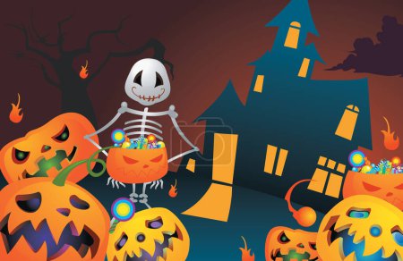 Téléchargez les illustrations : Citrouilles halloween et squelette sur fond de château effrayant - en licence libre de droit