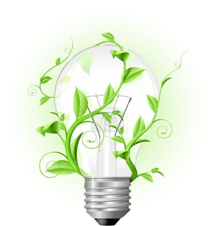 Téléchargez les illustrations : Ampoule écologique avec feuilles et lumière - en licence libre de droit