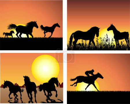 Illustration for Vector set with horses silhouettes - Royalty Free Image