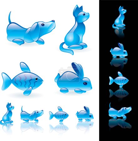 Ilustración de Animales divertidos azules y conjunto de peces - Imagen libre de derechos
