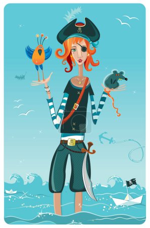 Illustration for Vector illustration of a pirate woman in a hat with a fish and a pirate ship - Royalty Free Image