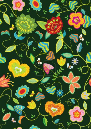 Ilustración de Patrón floral sin costuras con flores de colores y abeja - Imagen libre de derechos