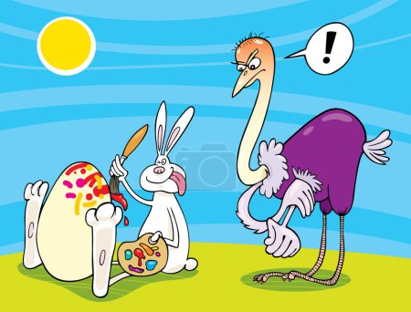 Ilustración de Conejo de Pascua pintura Huevo y avestruz enojado - Imagen libre de derechos