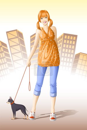 Ilustración de Mujer con un perro en la ciudad, ilustración vectorial moderna - Imagen libre de derechos