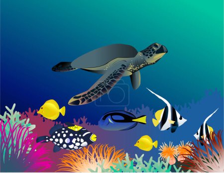 Ilustración de Tortuga y peces en el mar con corales. ilustración vectorial - Imagen libre de derechos