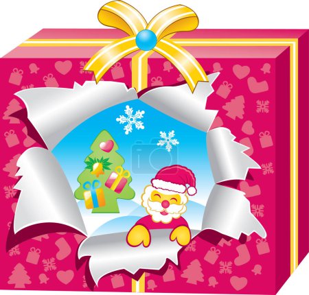 Illustration for Vector illustration of santa with gift box and christmas tree - Royalty Free Image